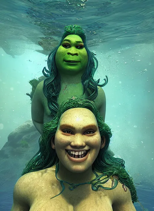 Image similar to underwater portrait of shrek as a mermaid, au naturel, hyper detailed, digital art, trending in artstation, cinematic lighting, studio quality, smooth render, unreal engine 5 rendered, octane rendered, art style by klimt and nixeu and ian sprigger and wlop and krenz cushart.