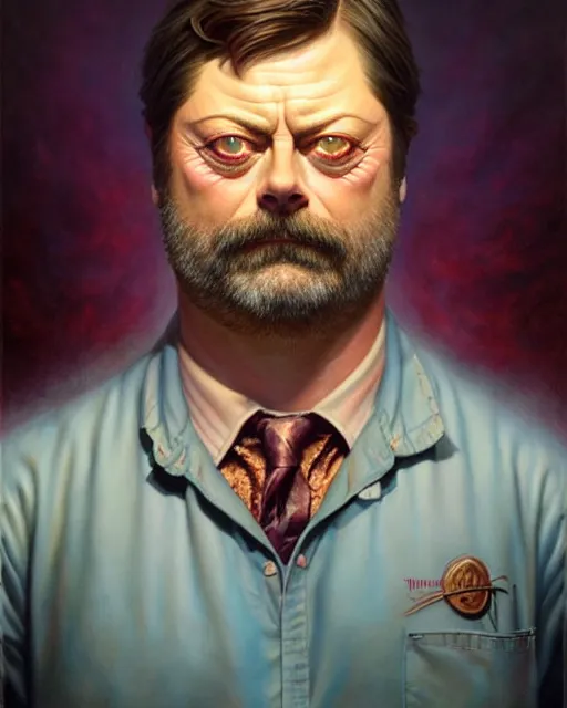 Prompt: detailed portrait of nick offerman offal!! organ meats by tomasz alen kopera and peter mohrbacher and johanna martine! and margaret keane! coherent luminescent