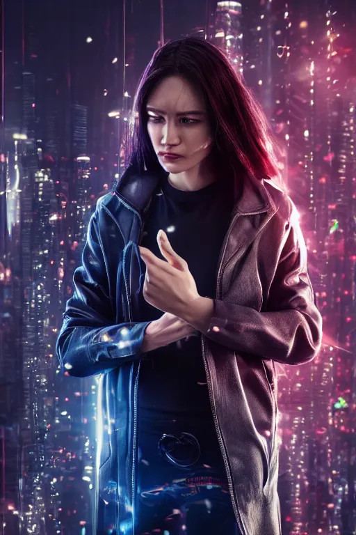 Prompt: woman with lightning in his hands flying several meters above the ground with his arms crossed and with a long jacket, cyberpunk, realistic, high definition, many details, symmetrical face, realistic eyes, unreal engine art 5