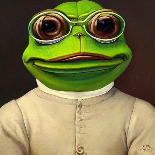 Prompt: fancy pepe the frog, historical portrait painting, oil painting, highly detailed and intricate