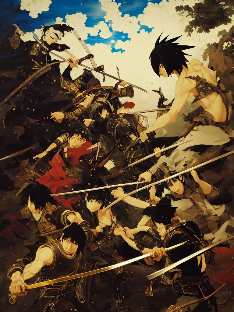 Image similar to baroque oil painting of key visual samurai battle, japanese armor, brutalist fantasy, realism, rule of thirds golden ratio, fake detail, trending pixiv fanbox, acrylic palette knife, style of makoto shinkai ghibli takashi takeuchi yoshiyuki sadamoto jamie wyeth james gilleard greg rutkowski chiho aoshima