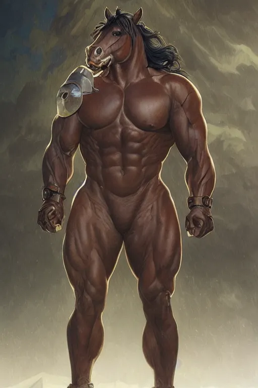 Image similar to portrait of hulking anthro horse whose physique is bursting with muscle, leather catsuit, test subject, monstrous, full body, sci - fi, highly detailed, digital painting, artstation, concept art, sharp focus, illustration, art by artgerm and greg rutkowski and alphonse mucha