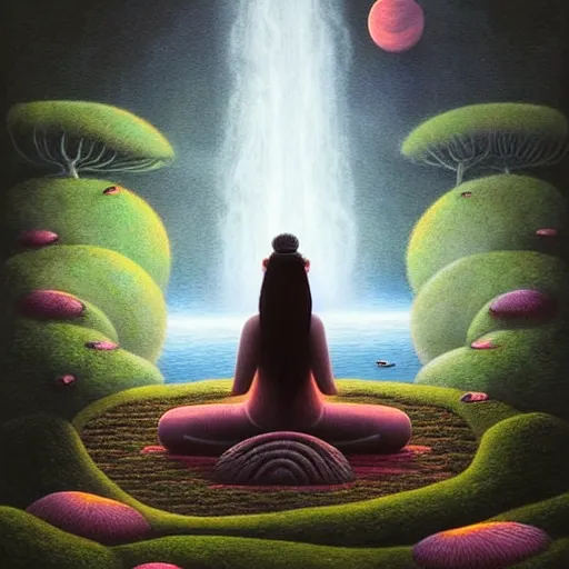 Image similar to an athromorphic wolf character meditating in a zen garden with a waterfall under the blood moon, by Adi granov and afarin sajedi and amanda sage and evgeni gordiets and Agostino Arrivabene and adonna khare in a psychedelic portrait style, ultrarealistic matte painting, volumetric lighting, fractal, extremely symmetrical, highly detailed face, orisha, 8k, hd