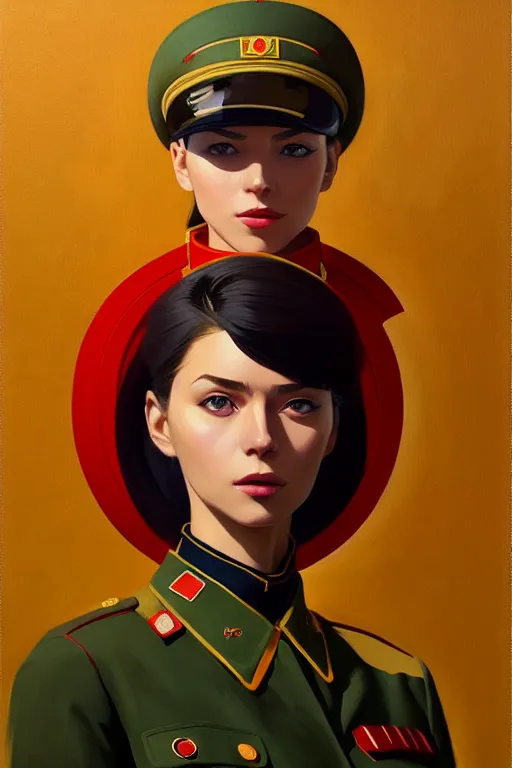 Image similar to a ultradetailed beautiful panting of a stylish woman wearing a soviet uniform, oil painting, by ilya kuvshinov, greg rutkowski and makoto shinkai, trending on artstation