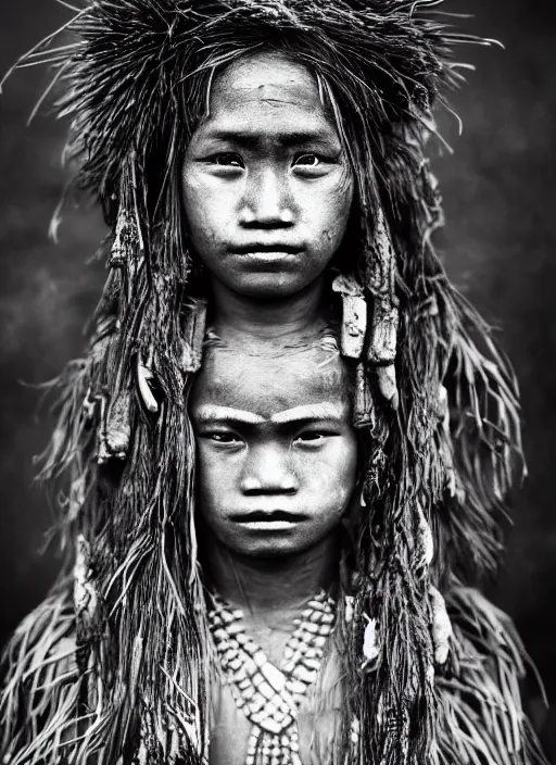 Image similar to Award winning Editorial photo of a Native Kiribati with incredible hair and beautiful hyper-detailed eyes wearing traditional garb with a Bokikokiko by Lee Jeffries, 85mm ND 5, perfect lighting, gelatin silver process