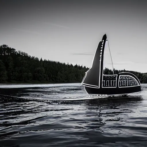 Image similar to speedboat that looks like a viking ship sailing down a river