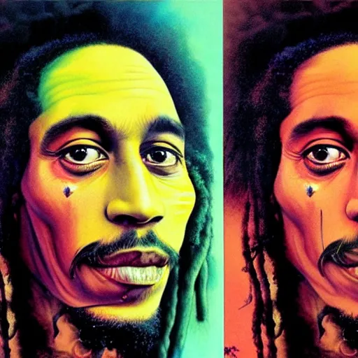 Image similar to colour masterpiece surreal closeup portrait photography bob marley by miho hirano and annie leibovitz and michael cheval, psychedelic smoke background by kilian eng and roger dean and salvador dali and beksinski, 8 k