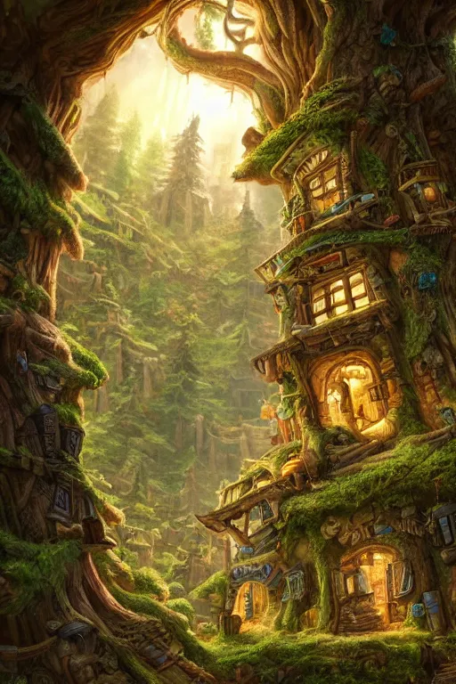 Prompt: a miniature city built into the trunk of a single colossal tree in the forest, with tiny people, in the style of justin gerard, lit windows, close - up, low angle, wide angle, awe - inspiring, highly detailed digital art