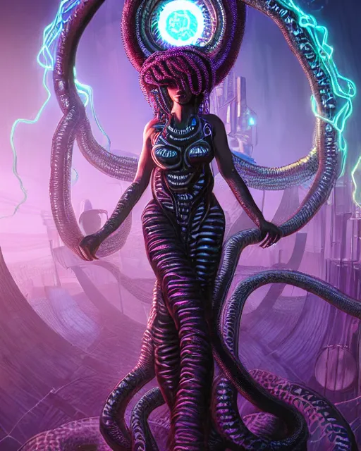 Image similar to Perfectly-centered Hyperdetailed realistic symmetrical cinematic RPG portrait-illustration of a beautiful aetherpunk cyberpunk Medusa in a long dark otherworldly dress while her hair are huge ravepunk snakes. She's standing next to lovecraftian towers in a surreal landscape, style of an epic sci-fi comic-book cover, 3D rim light, octane render