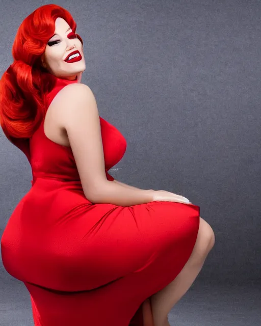 Image similar to Jessica Rabbit wearing red dress eating a bag of Doritos, sitting on a chair, photograph