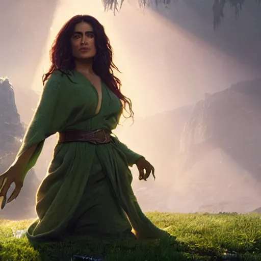 Image similar to a green salma hayek with ( ( ( ( yoda ) ) ) ) ears greg rutkowski and jason chan highly detailed cinematic lighting octane render unreal engine