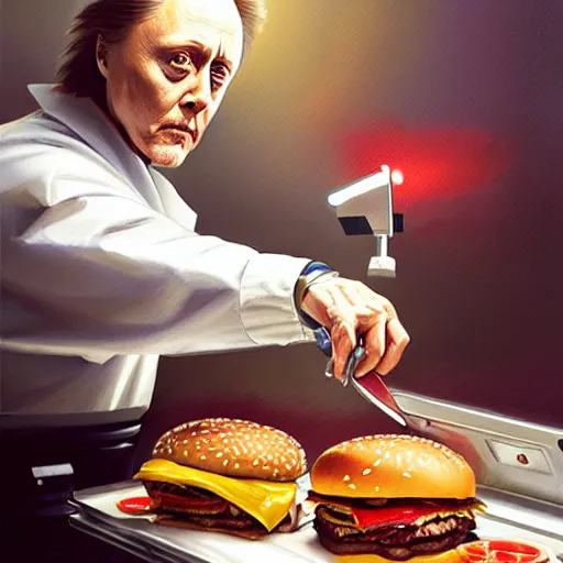 Image similar to Christopher Walken performing emergency surgery on a big mac hamburger, dripping BBQ Sauce, operating on burgers, operating room, surgical gear, intricate, elegant, highly detailed, digital painting, artstation, concept art, matte, sharp focus, illustration, art by Artgerm and Greg Rutkowski and Alphonse Mucha