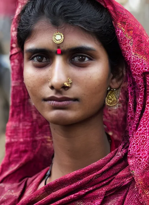 Image similar to Mid-shot portrait of a beautiful 20-year-old woman from India in her traditional get-up, candid street portrait in the style of Martin Schoeller award winning, Sony a7R