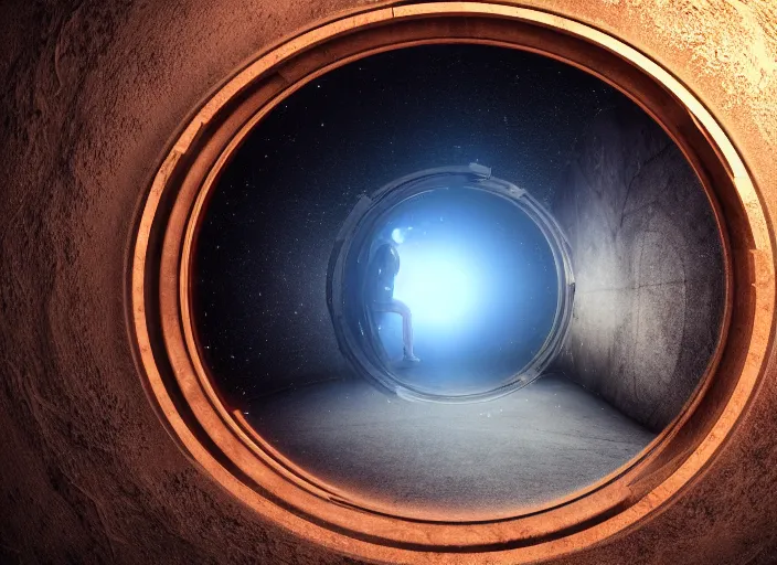 Prompt: a realistic photo of a person looking through a portal, the person is seeing the origin of the universe photorealistic highly detailed professional photography cinematic dynamic lighting