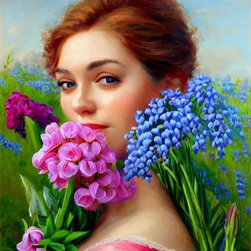 Image similar to a portrait of a romantic woman with flowers grow out of hair, roses peonies forget-me-nots dahlias lupins gladioli, sky theme in background, by Alexandr Averin, Digital Art, Trending on artstation