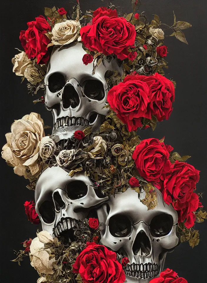 Image similar to metal robot skull with a wreath of roses, flying around the skull are buds and rose petals, dark background of black liquid splashes, painted by Caravaggio, Greg rutkowski, Sachin Teng, Thomas Kindkade, Alphonse Mucha, Norman Rockwell, Tom Bagshaw.