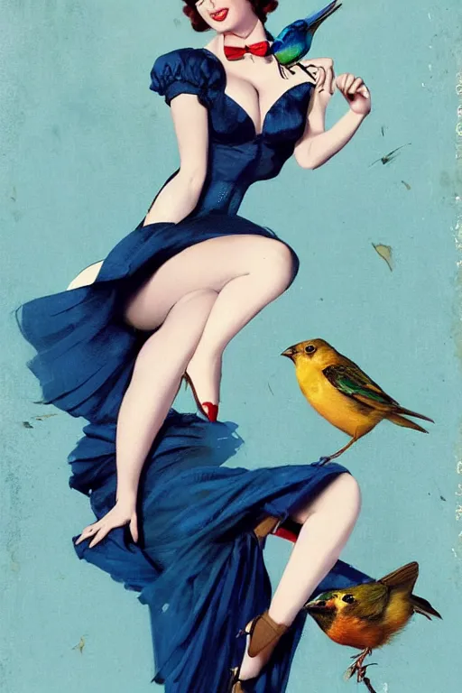 Prompt: pinup girl holding an indigo bunting, bird, the bird is wearing a bowtie, by greg rutkowski, rossdraws, gil elvgren, enoch bolles, anime, porcelain skin, very coherent