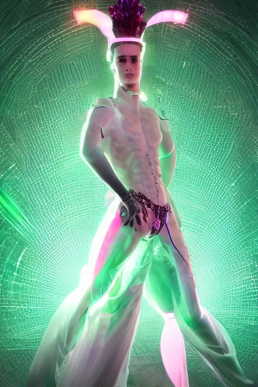 Image similar to full-body rococo and cyberpunk style crystal quartz sculpture of a young handsome seductive Puerto Rican android gogo boy reaching for the sky, glowing pink laser eyes, crown of white gears and diamonds, swirling green-colored silk fabric. futuristic elements. full-length view. intricate artwork by caravaggio. Trending on artstation, octane render, cinematic lighting from the right, hyper realism, octane render, 8k, depth of field, 3D