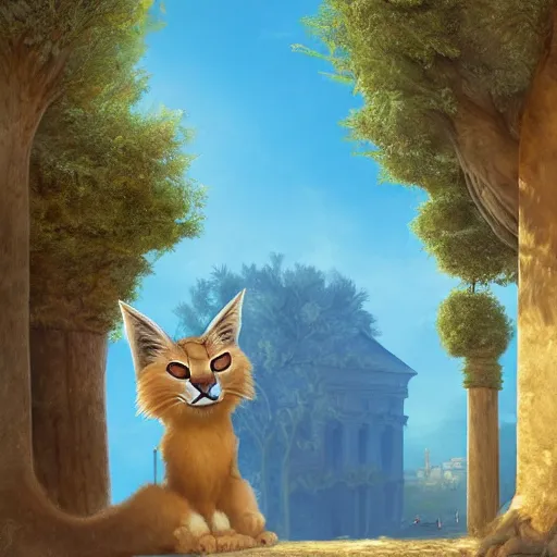 Image similar to cute fluffy caracal wearing toga, in ancient greek town, marble columns, olive trees, sunny, a beautiful landscape by gediminas pranckevicius