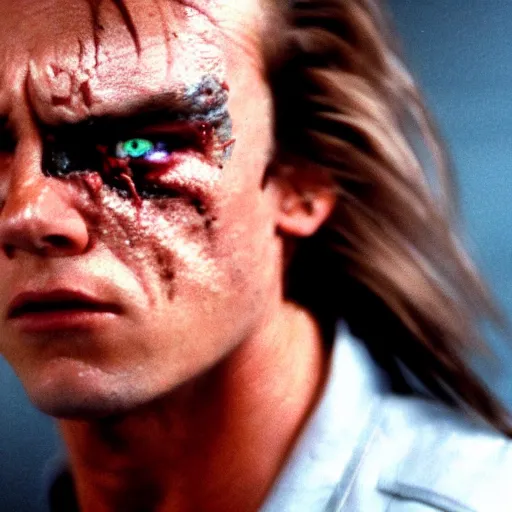 Image similar to close up portrait photograph of man with mullet cyborg eye. From The Terminator 1984