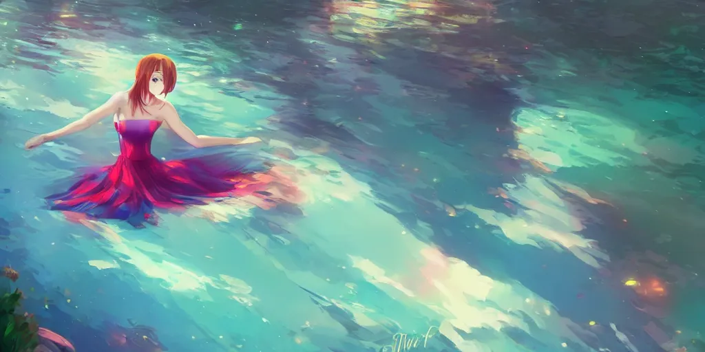 Prompt: a woman floating in water, beautiful gown, vibrant colors, by Makoto Shinkai and Wojtek Fus, by studio trigger, rossdraws