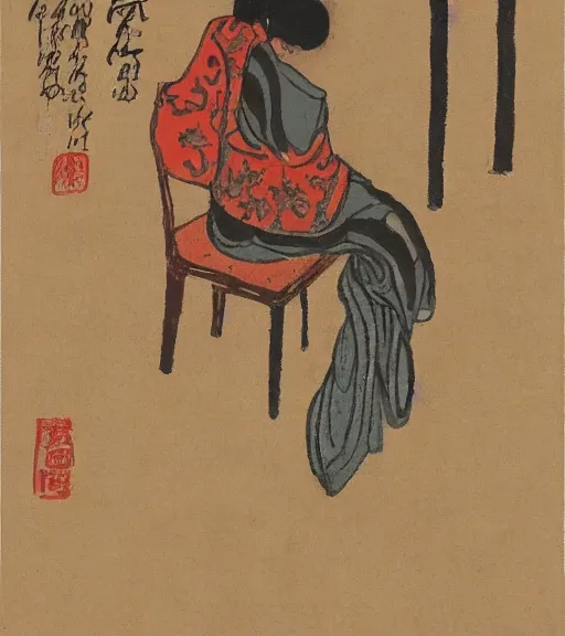 Prompt: a woman with a flower in her head sits on a chair in the corner of an empty room, view from behind, xue jiye