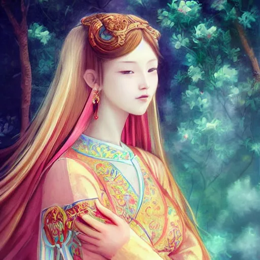 Prompt: of a very beautiful russian girl, full body portrait painting, wearing acient chinese clothes, soft vibrant colors, anime style, ultra detail, by wlop and ross tran and leonardo da vinci
