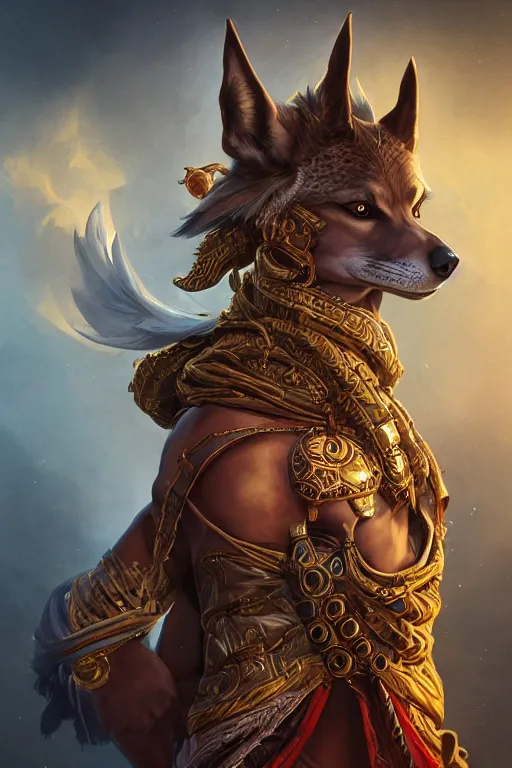 Prompt: portrait of young arabian nomad half anubian jackal, with golden fabrics, league of legends splash art, castlevania, hearthstone splash art, full body shot, rule of thirds, ultrafine hyperrealistic detailed face, artgerm, greg rutkowski, trending on artstation, 8 k, intricately detailed, highly detailed