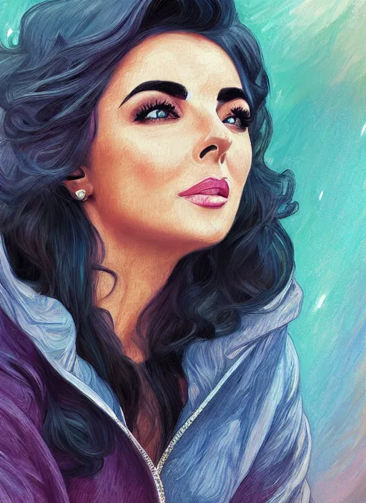 Image similar to elizabeth taylor, gray hoodie, jeans, beautiful hair, half body shot, path traced, highly detailed, high quality, digital painting, alena aenami, leonid afremov, lilia alvarado, shinji aramaki, karol bak, alphonse mucha, tom bagshaw