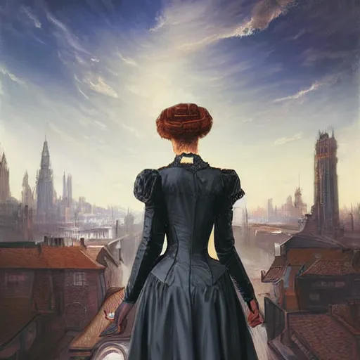 Prompt: portrait of a victorian lady in a futuristic city, from behind, streets, beautiful, fully open sky, tall buildings on the sides, highly detailed, digital painting