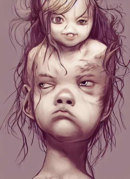 Prompt: portrait of a monsterous child with fangs and wild hair, digital art, trending on artstation