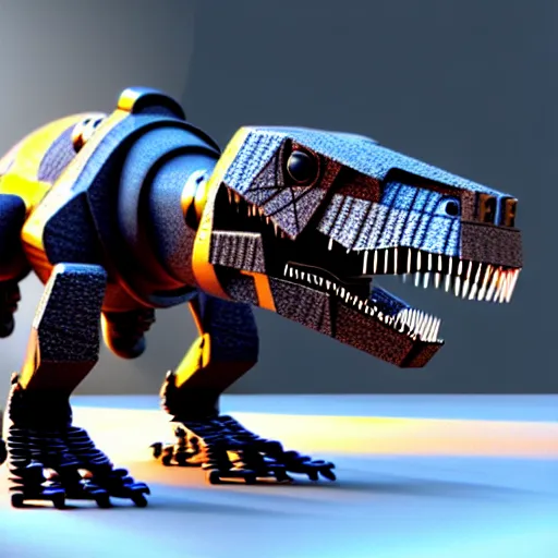 Image similar to a !robot! controlling a t-rex, the t-rex walks peacefully in a lab, octane render, 3D, award-winning, as coherent as Dall-E 2