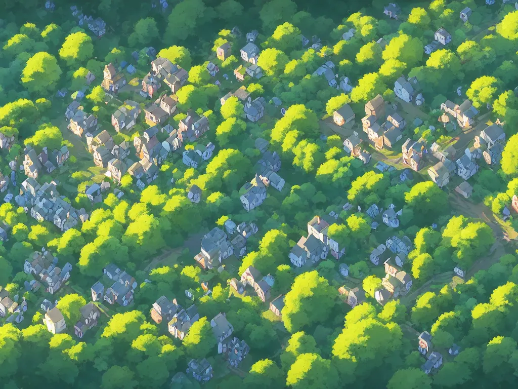 Prompt: birds eye view of a village in scotland in a forest lot of trees, flowers and creeping vines, old oak trees, by cory loftis, james gilleard, atey ghailan, makoto shinkai, goro fujita, studio ghibli, exquisite gold hour lighting, clear focus, very coherent, soft painting