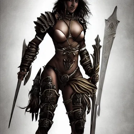 Prompt: digital art of female warrior, fit body muscular body in bikini armor highly detailed