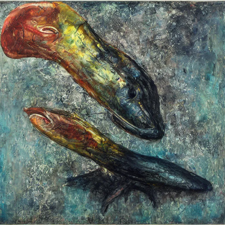 Image similar to Hyperrealistic Studio wet collodion Photograph portrait of a deep sea pelican Eel deep underwater in darkness, award-winning nature deep sea expressionistic impasto oil painting by Cy Twombly and Tim Hawkinson vivid colors hyperrealism 8k