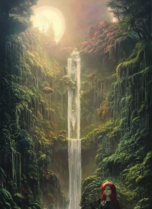 Image similar to a hyper realistic futuristic city witch shrine under a waterfall in the sunset, gorgeous lighting, lush forest foliage, painting by chiara bautista and tom bagshaw, muca beksinski and norman rockwell and greg rutkowski weta studio, and lucasfilm