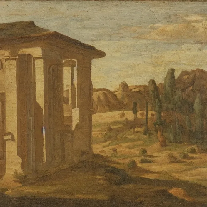 Prompt: a building in a serene landscape, early christian art