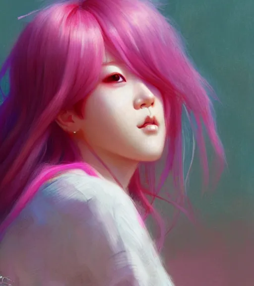 Image similar to pink haired bts jimin, muted colors, colorful flowers, sunlight filtering through skin, by alan lee, wlop, illustrated by starember, fantasy art by craig mullins cfg _ scale 9