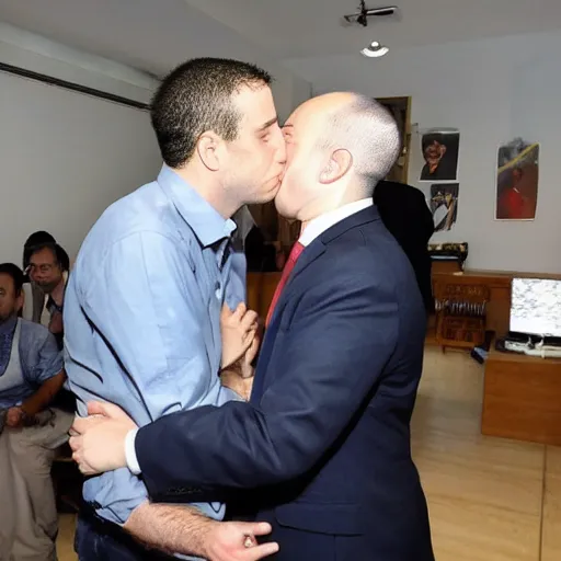 Image similar to benjamin netanyahu kissing naftali bennet, realistic, detailed