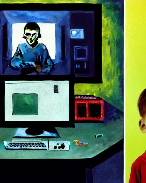 Prompt: 8k professional photo of an 8 years old enlightened and scared boy standing in front of an old computer from 90s with a game doom2 at the monitor screen. painting by Adrian Ghenie and Willem de Kooning , still from a movie by Gaspar Noe and James Cameron