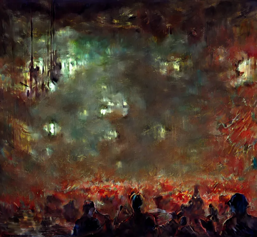 Prompt: ultra wide, spotlight, conducting a symphony orchestra inside middle of dark slimy water slide tube, the walls are made of red meat, the floor is flooded, by craig mullins, ilya repin, ruan jia, photorealistic