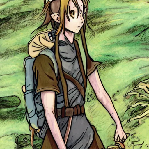 Prompt: an wood elf boy getting ready for an high fantasy adventure on the mountain side, anime style, tarot card,