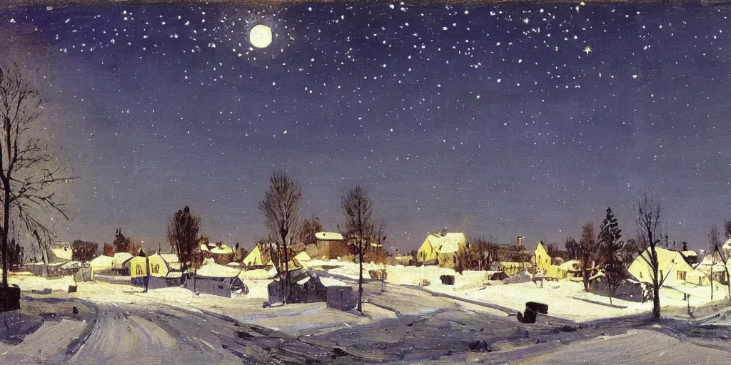 Prompt: a scene of a small rural russian village at night, stars, moon, wintertime, painting by isaac levitan