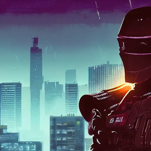 Image similar to Snake Eyes from G.I. Joe standing in a city, rain, 4k, (synthwave), trending on artstation,