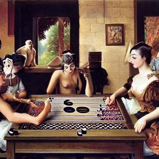 Image similar to A beautiful photograph of a group of monkeys playing backgammon. The monkeys are seated around a table, with some of them appearing to be deep in concentration while others appear to be playing more casually. Pride Prejudice, overhead view by Paul Gustave Fischer graceful