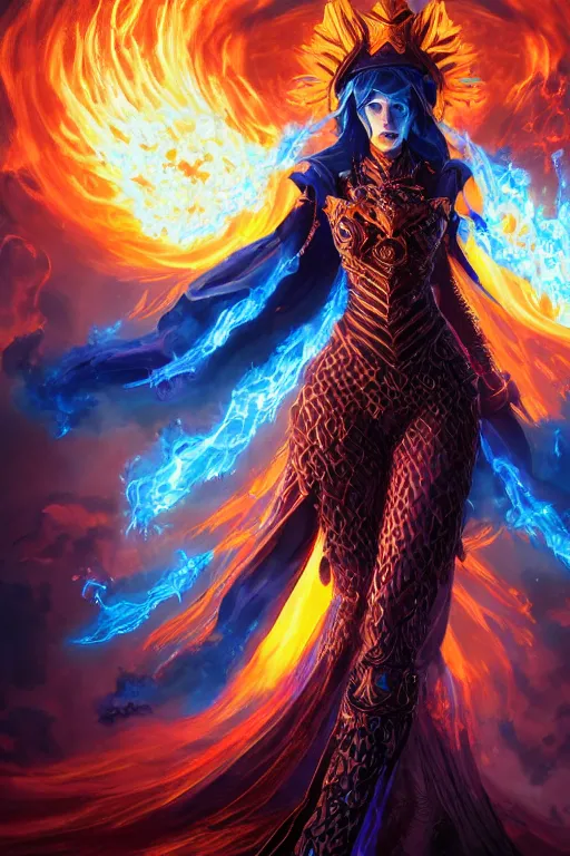 Image similar to a fancy portrait of a beautiful dark magician women covered in deep blue flames flames by Greg Rutkowski, Sung Choi, Mitchell Mohrhauser, Maciej Kuciara, Johnson Ting, Maxim Verehin, Peter Konig, final fantasy , mythical, 8k photorealistic, cinematic lighting, HD, high details, atmospheric,