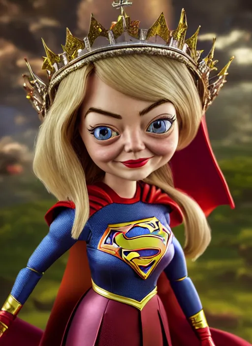 Image similar to highly detailed closeup, face profile portrait of a tin toy emma stone as supergirl as a fairytale princess wearing a crown, bikini, unreal engine, nicoletta ceccoli, mark ryden, earl norem, lostfish, global illumination, detailed and intricate environment