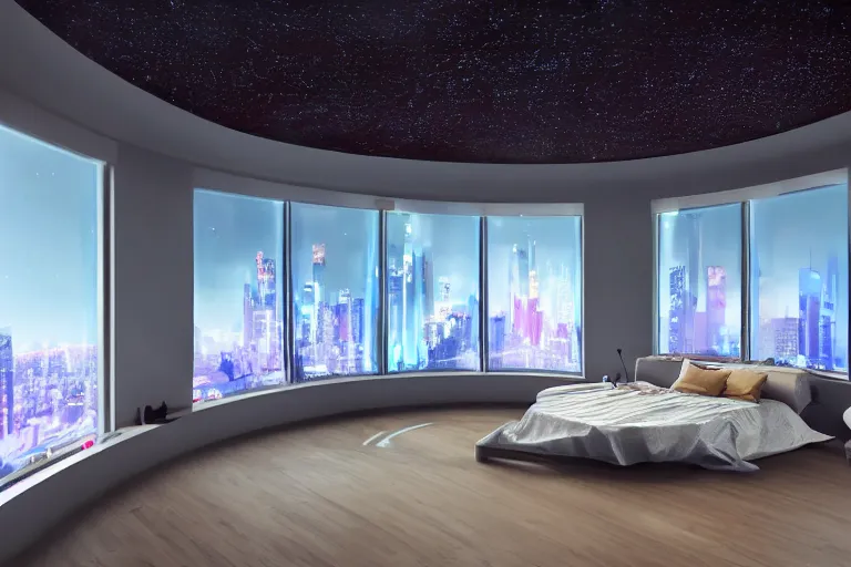 Image similar to a futuristic sparse bedroom with large curved ceiling high windows looking out to a far future cyberpunk cityscape, flying drones outside, night time, cyberpunk neon lights, raining