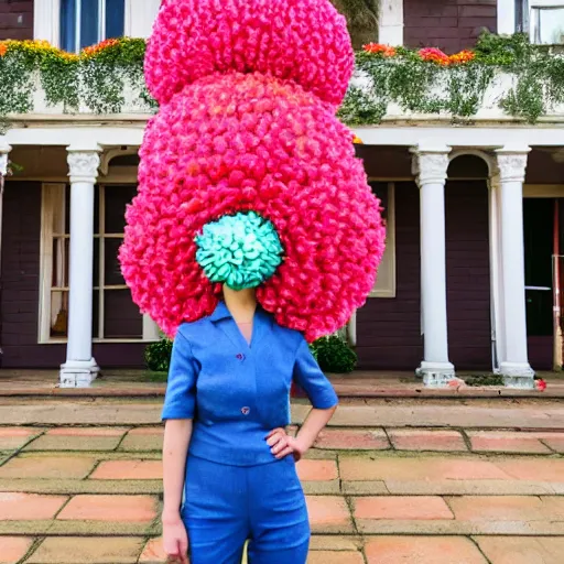 Image similar to giant flower head, full body, girl standing in front of house, surreal, symmetry, mid century, bright colours, blue sky, realistic, wes anderson