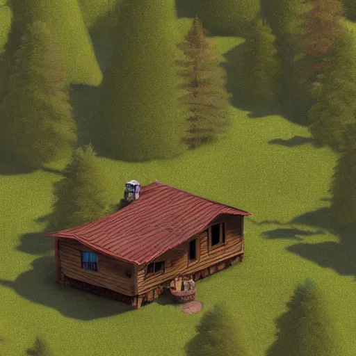 Prompt: concept art of a cabin in the woods, isometric view, detailed, volumetric lighting, unreal engine